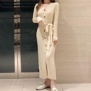 Buttoned Midi Rib Knit Dress With Sash