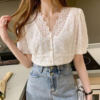 Short-sleeve Lace Trim Button-up Blouse