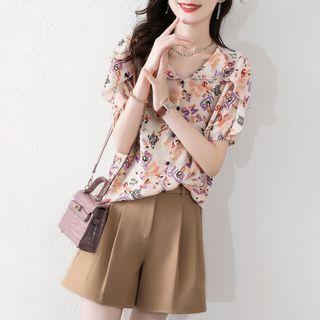 Puff-sleeve Cartoon Print Ruffled Blouse