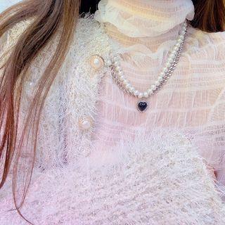 Heart Pendant Layered Faux Pearl Necklace Silver - One Size