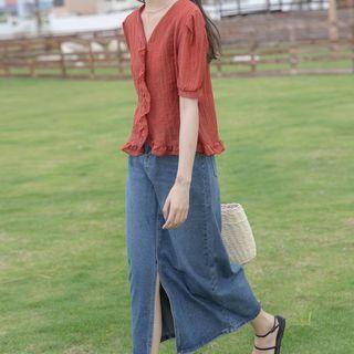 Puff-sleeve V-neck Chiffon Blouse / Denim Slit Midi A-line Skirt