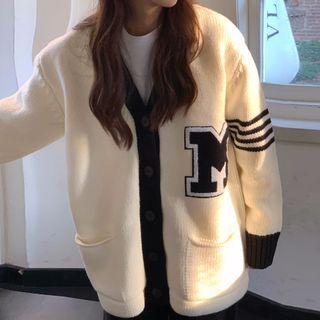 Color Block Lettering Long-sleeve Knit Jacket White - One Size