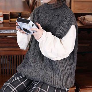 Turtleneck Cable Knit Vest Dark Gray - One Size