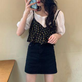 Short-sleeve Blouse / Spaghetti Strap Floral Print Top