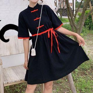 Knot Button Elbow-sleeve A-line Dress