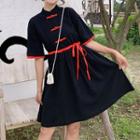 Knot Button Elbow-sleeve A-line Dress