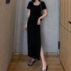 Round Neck Short-sleeve Side-slit Dress