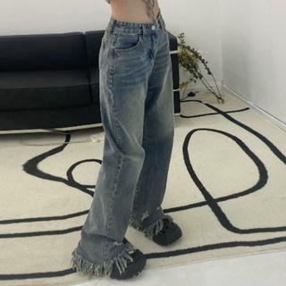 Frayed Trim Distressed Loose Fit Jeans