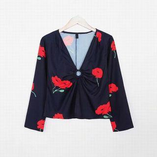 3/4-sleeve Printed Slit Chiffon Top (various Designs)
