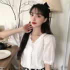 Elbow-sleeve Lace V-neck Buttoned Top