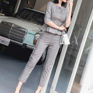 Set: Plaid Elbow-sleeve Blouse + Crop Dress Pants
