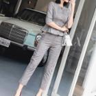 Set: Plaid Elbow-sleeve Blouse + Crop Dress Pants