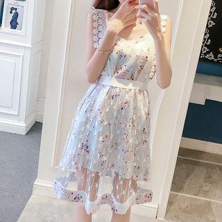 Set: Floral Print Sleeveless Dress + Mesh Sleeveless Dress