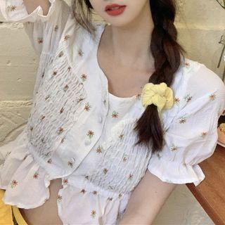 Puff-sleeve Crop Floral Print Blouse Orange Floral - White - One Size