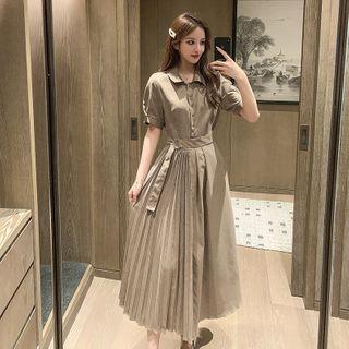 Belted Short-sleeve Midi A-line Shirtdress