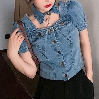 Puff-sleeve Denim Cropped Top
