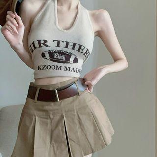Lettering Crop Tank Top / Pleated Mini A-line Skirt