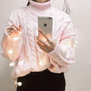 Mock Neck Cable Knit Sweater Pink - One Size