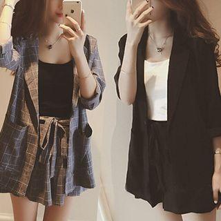 Set: Lapel Collar Blazer + Wide-leg Shorts