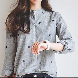 Leaf Embroidered Striped Shirt