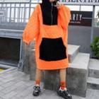Long-sleeve Quilted Fleece Panel Hoodie Dress Tangerine Red - One Size