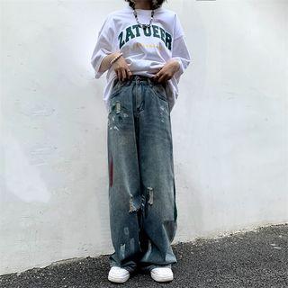 Splash Print Distressed Wide Leg Jeans