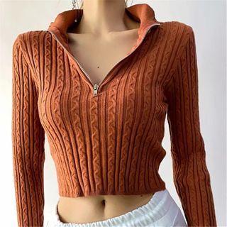Long-sleeve Half-zip Knit Crop Top