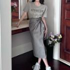 Lettering T-shirt / High Waist Midi Pencil Skirt