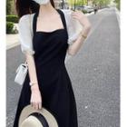 Short-sleeve Square Neck Two-tone Midi A-line Dress