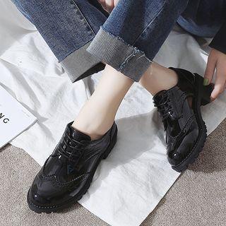 Low-heel Patent Brogue Lace-up Shoes
