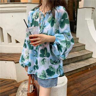 Puff-sleeve Strap Chiffon Shirt Green - One Size