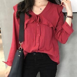 Tie-neck Ruffled Long-sleeve Chiffon Shirt