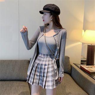 Long-sleeve Cardigan + Sleeveless Top / High Waist Plaid Skirt