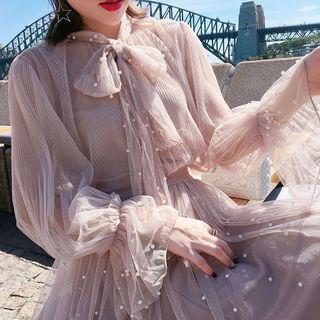 Set: Tie-neck Long-sleeve Chiffon Blouse + Camisole Top