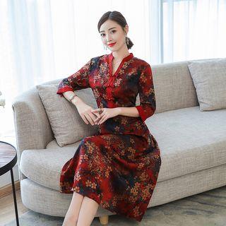 3/4-sleeve Floral A-line Midi Qipao Dress