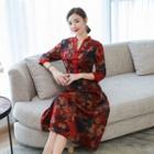 3/4-sleeve Floral A-line Midi Qipao Dress