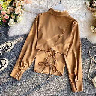 Plain Lace-up Back Long-sleeve Shirt