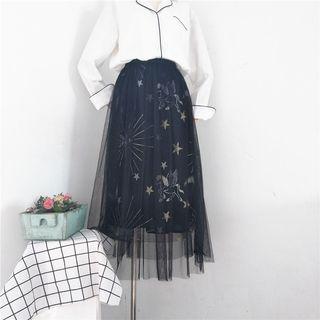 Embroidered Mesh Overlay Midi Skirt