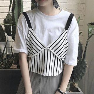 Set: Plain Elbow-sleeve T-shirt + Striped Camisole Top