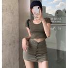 Crop T-shirt / Cutout-waistline Denim Skort