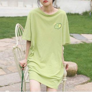 Loose-fit Short Sleeve Printed Dress Green - One Size