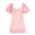 Puff-sleeve Leopard Print Open-back Mini A-line Dress