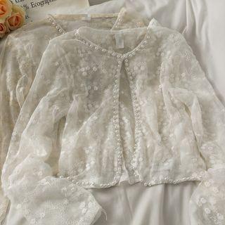 Open-front Pearl-trim Embroidered Sheer Top