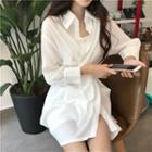 Plain 3/4-sleeve Shirt Dress White - One Size