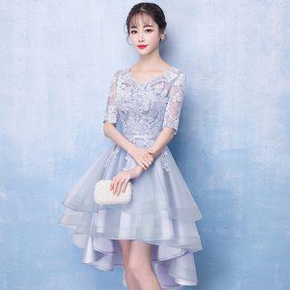 Elbow-sleeve Floral Embroidered High-low Prom Dress