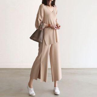 Set: Long-sleeve Knit T-shirt + Wide-leg Pants