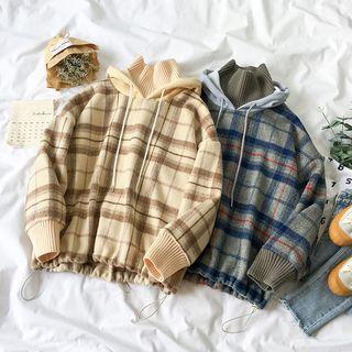 Plaid Mock Two-piece Turtleneck Hoodie