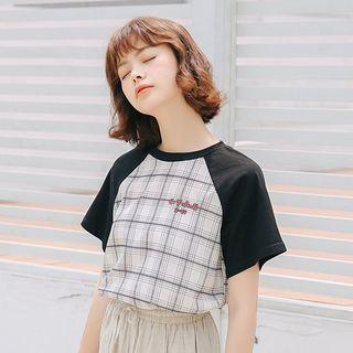 Short-sleeve Plaid Panel T-shirt Black - One Size