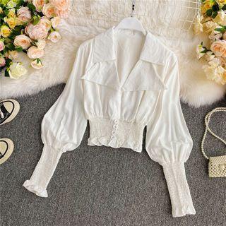 V-neck Plain Puff Long-sleeve Blouse