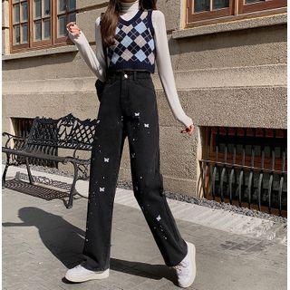 Butterfly Embroidered High-waist Jeans
